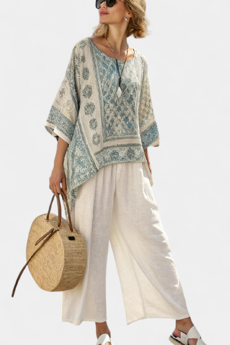 Quinley | Comfortable Printed Blouse & Wide-Leg White Pants