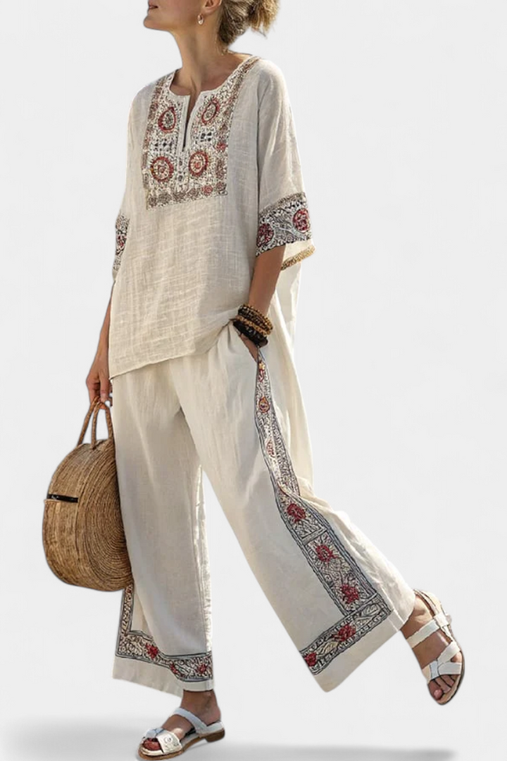 Tameric | Sophisticated Embroidered Raw Blouse & Wide Pants